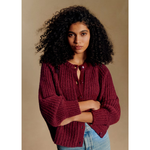 Sezane Gilet Emile Button Ribbed Cardigan Sweater Burgundy Alpaca Wool Sz Small - Picture 2 of 9